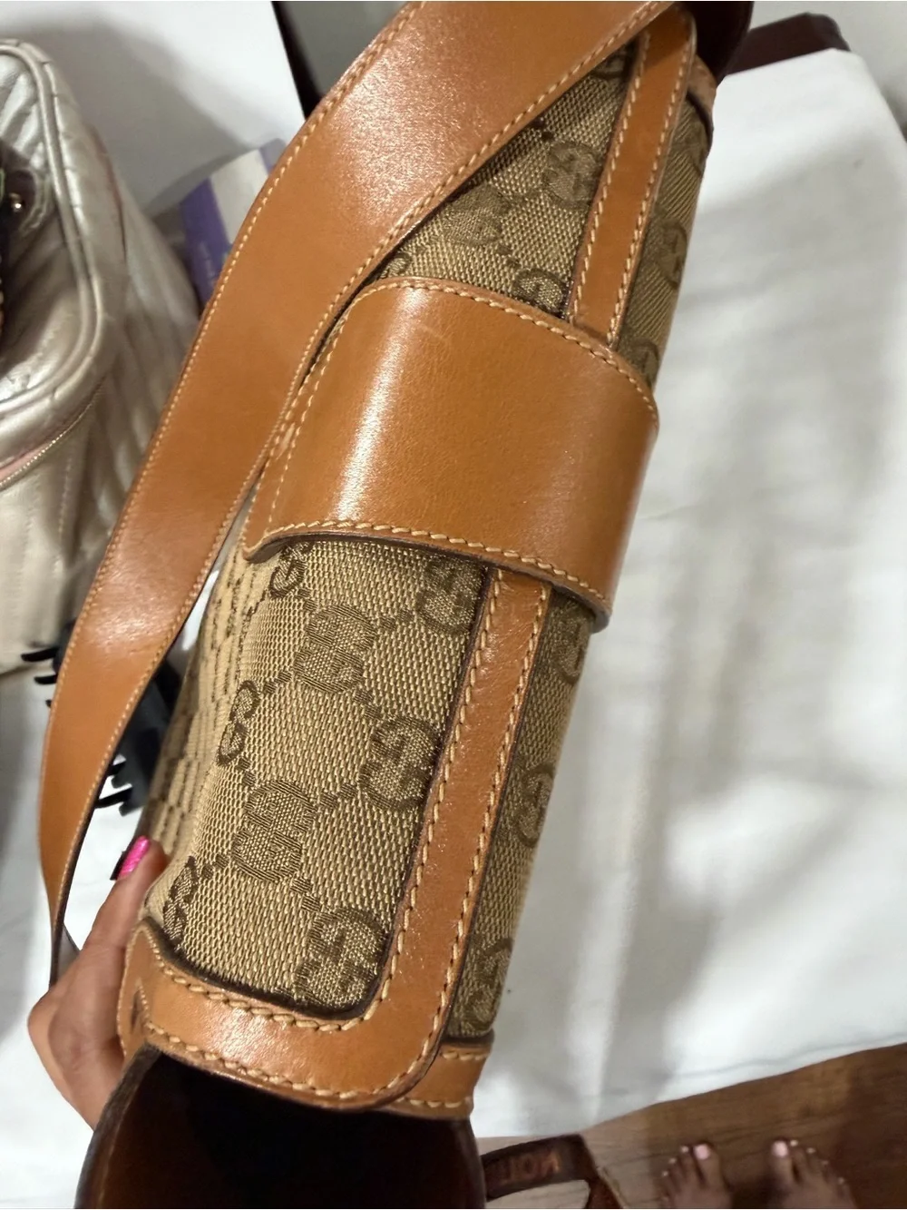 Gucci Brown GG Canvas Messenger Bag with Tan Leather and Gold pics for details